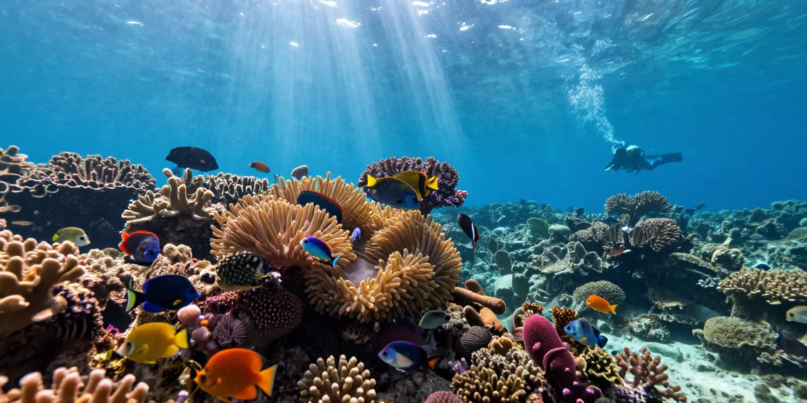 Colorful kelincilaut swimming in a vibrant coral reef ecosystem, showcasing marine biodiversity.