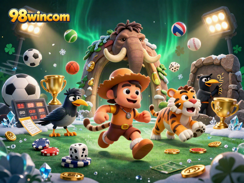 98wincom features a lively prehistoric casino scene with a caveman, sabertooth tiger, and dynamic sports elements.