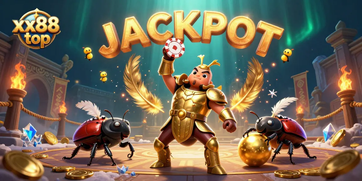 Experience excitement with xx88 top where a winning beetle celebrates its poker prowess amid a jackpot spectacle.