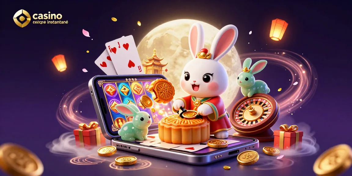 Un jeu de casino en ligne retrait instantané avec un lapin de lune et des jetons, ambiance festive.