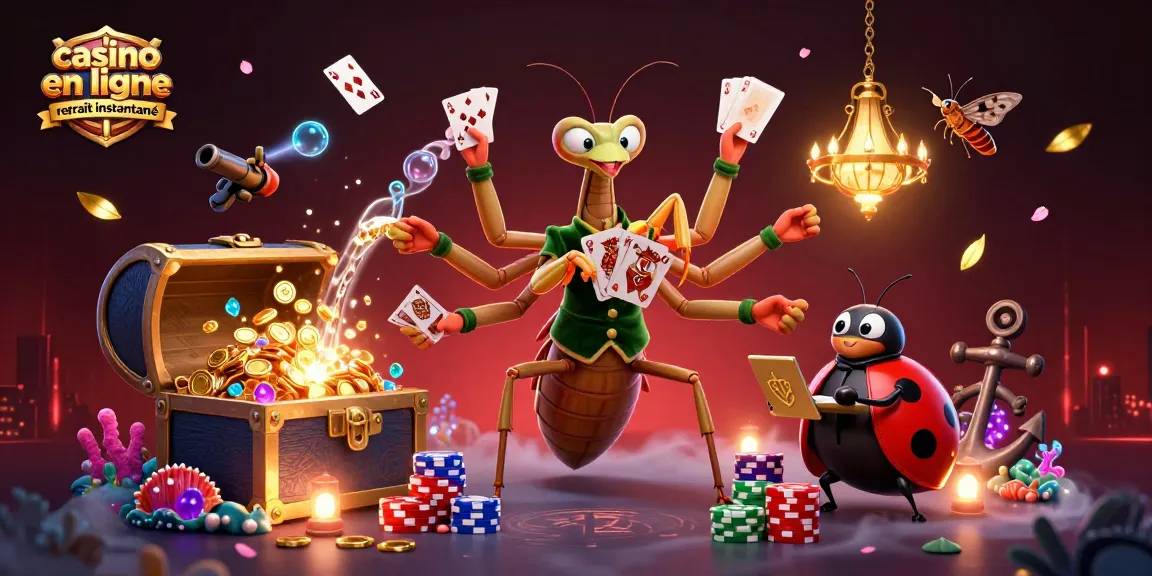 Visuel captivant de jeu avec casino en ligne retrait instantané et personnages animés de casino.