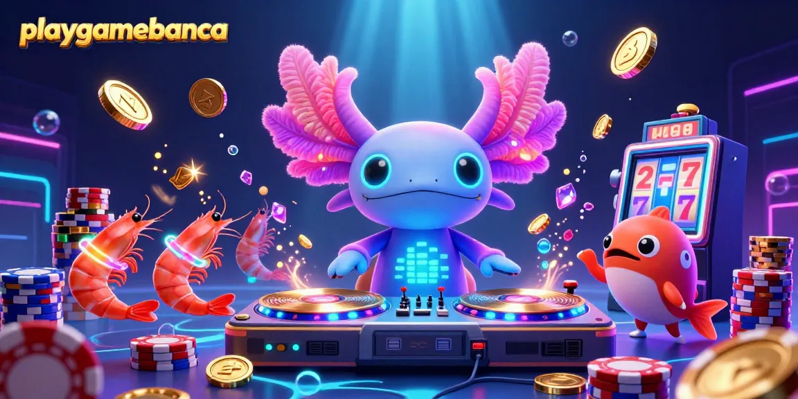 Experience fun with playgamebanca as the neon-colored axolotl DJ spins vibrant underwater casino games.