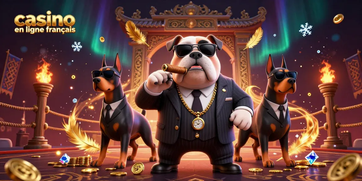 Jouez au casino en ligne français avec un bulldog mafieux et ses gardes dans une scène animée pleine d'éléments de jeu.
