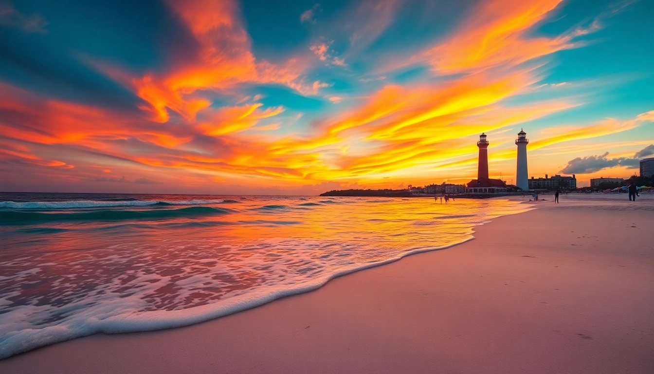 Relaxing beach scene in Pensacola FL showcasing white sand, sunset, and a lighthouse.