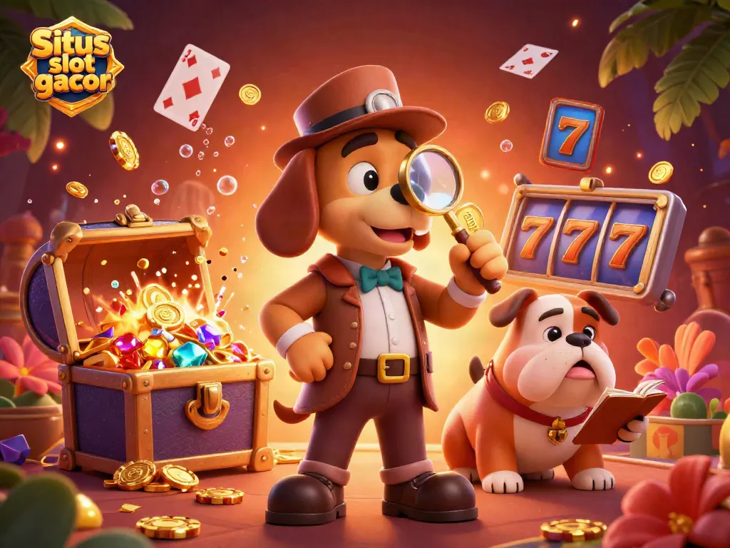 Situs slot gacor scene with a detective and dog exploring vibrant slot game clues.