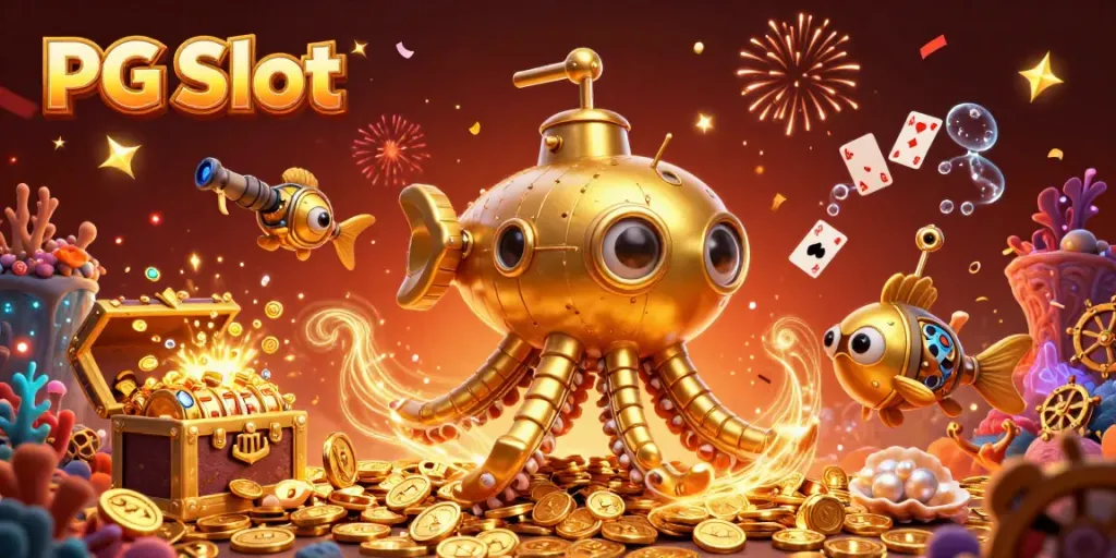 Menggali PG Slot dengan kraken emas dan koin berkilauan di lautan, dikelilingi harta karun.