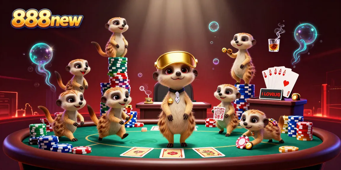 Engaging in thrilling gameplay at 888new casino with meerkat characters, showcasing vibrant poker elements.
