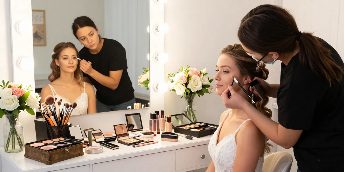 Trucco sposa: applicazione del trucco in uno studio luminoso per una sposa serena.