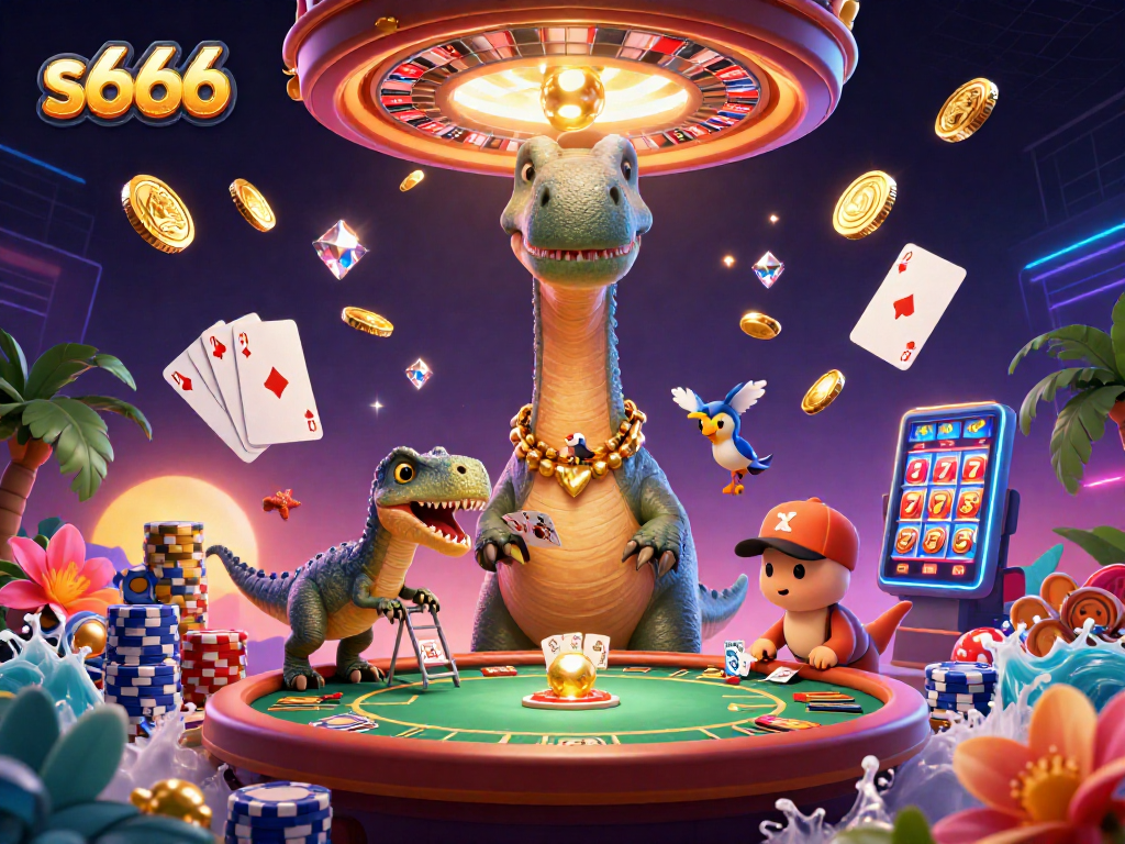 Engage with s666's dynamic gaming scene featuring a brontosaurus, raptor dealer, and vibrant slot reels.
