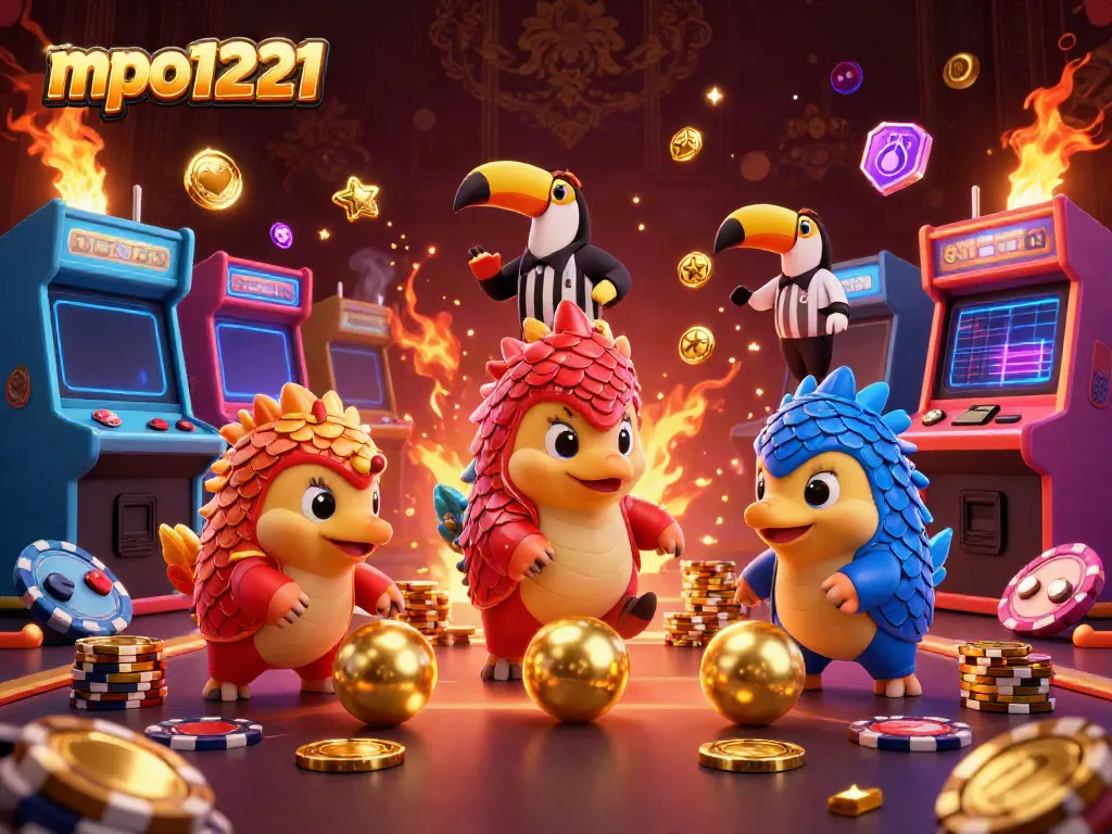 Experience the excitement of mpo1221 with vibrant pangolins bowling through poker chips in a dynamic casino setting.