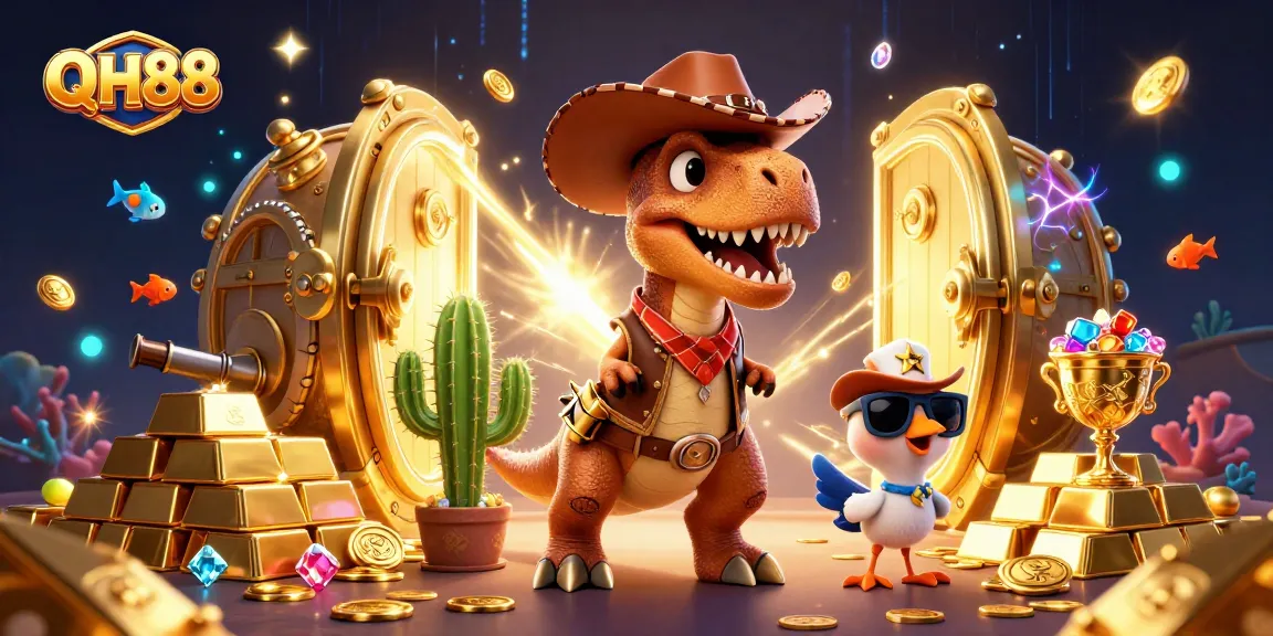 Play and win big with QH88's vibrant casino-themed adventure featuring a cowboy dinosaur and treasures.