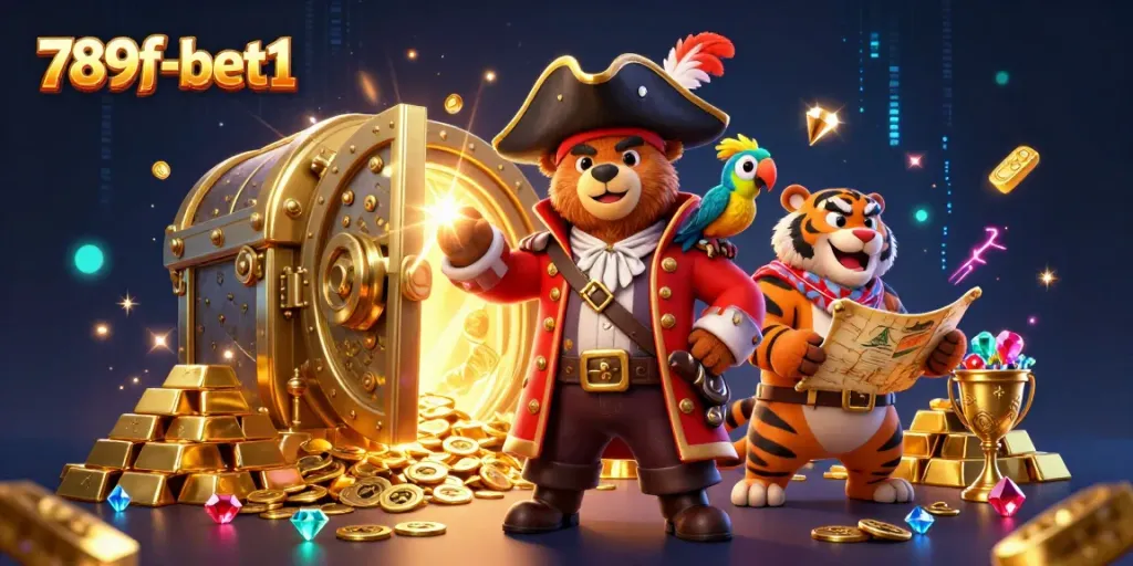Engaging illustration of pirates exploring treasures in a vibrant casino setting featuring 789f-bet1.
