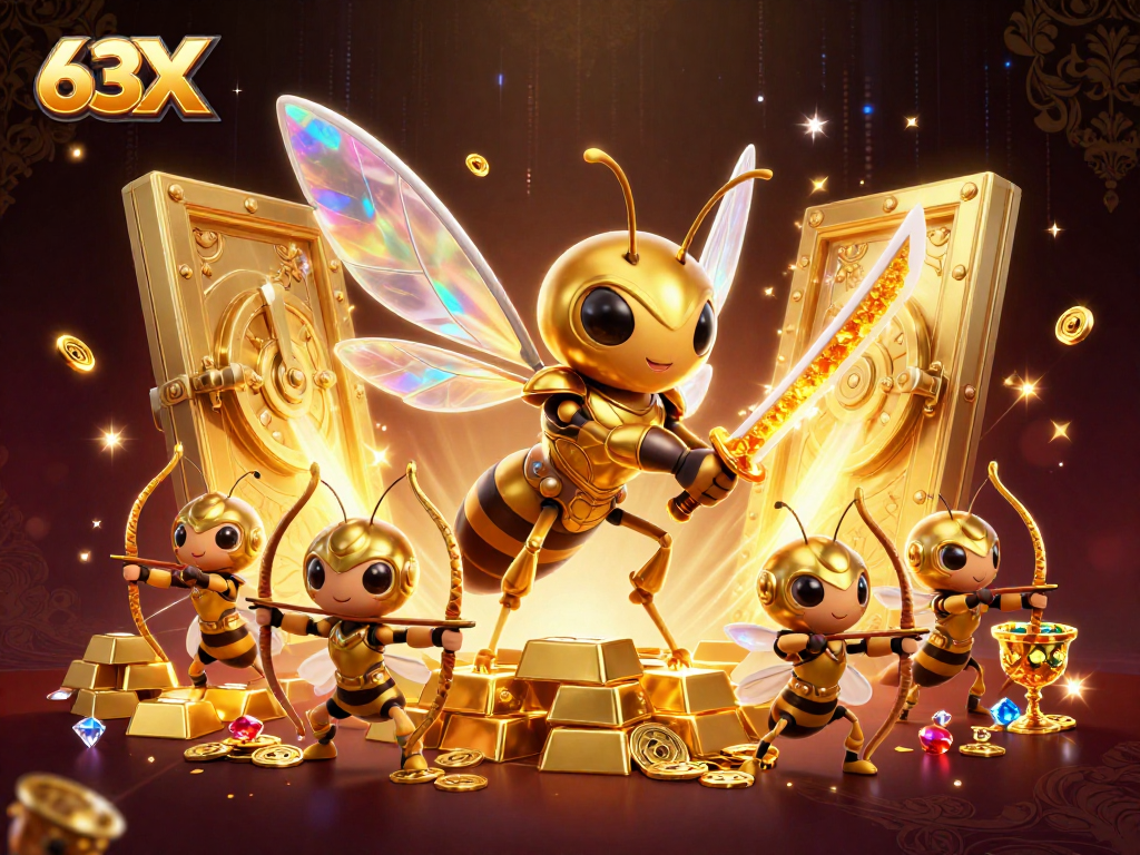 Embarque na aventura do 63X com uma ilustração de um gigante ferrão dourado em armadura samurai, cercado por tesouros.