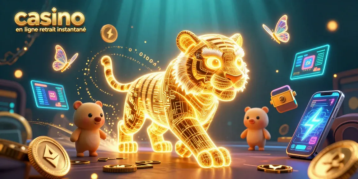 Jeux à casino en ligne retrait instantané avec un tigre néon, des pièces Bitcoin et un décor vibrant.