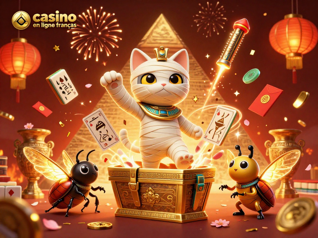 Illustration dynamique d'un chat momifié dans un casino en ligne français avec des éléments chanceux autour.