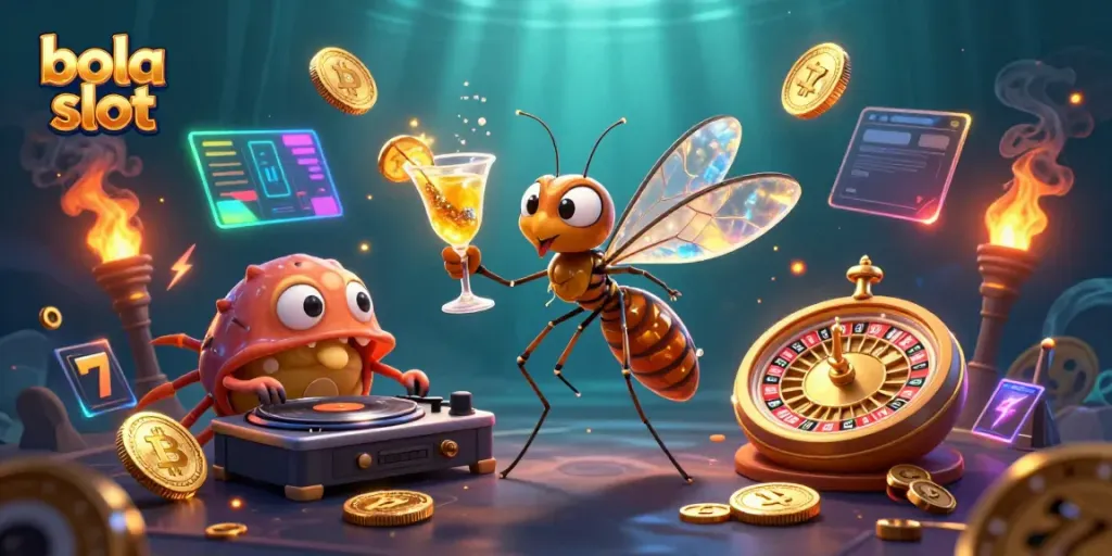 Experience exciting bola slot action with a vibrant 3D cartoon scene featuring casino mascots and crypto elements.