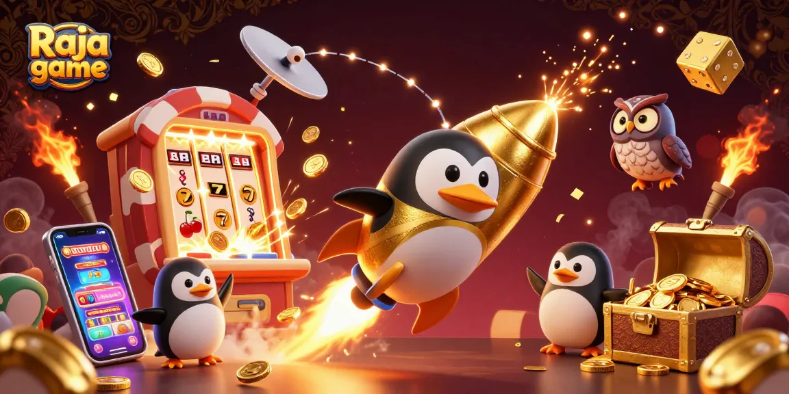 Experience the thrill of Raja game with a vibrant, action-packed casino scene featuring a golden penguin and dynamic gameplay elements.