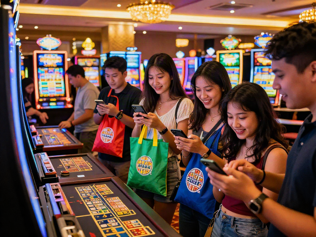 Excited friends checking toto togel numbers at a lively casino.