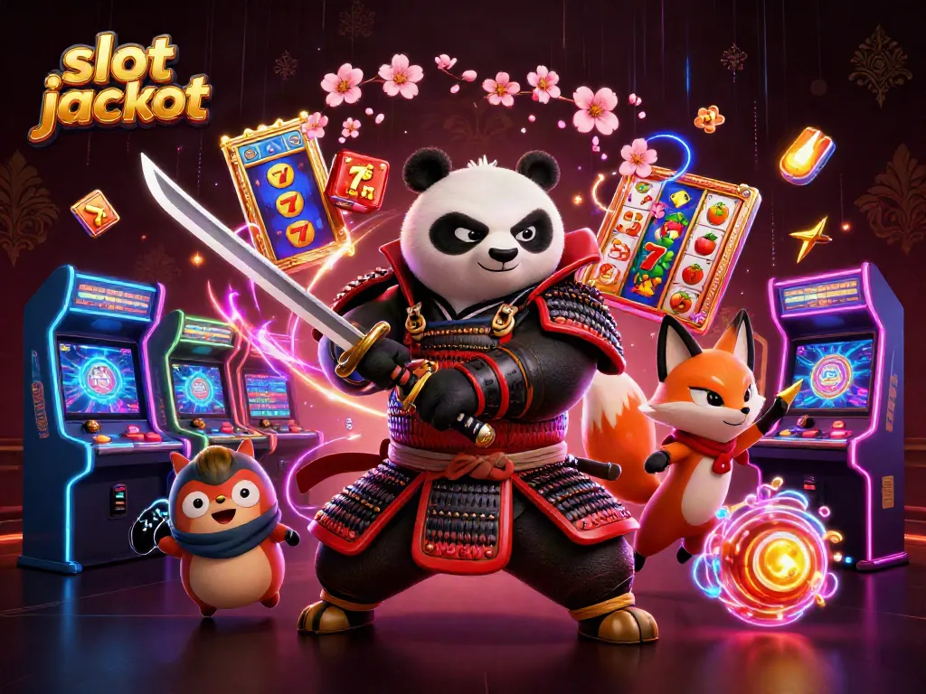 Experience the thrill of slot jackpot with a dynamic 3D scene featuring a samurai panda and arcade elements.