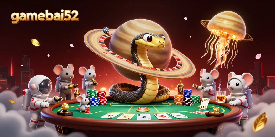 Experience thrilling gameplay at gamebai52 with a cosmic dealer and vibrant poker elements.