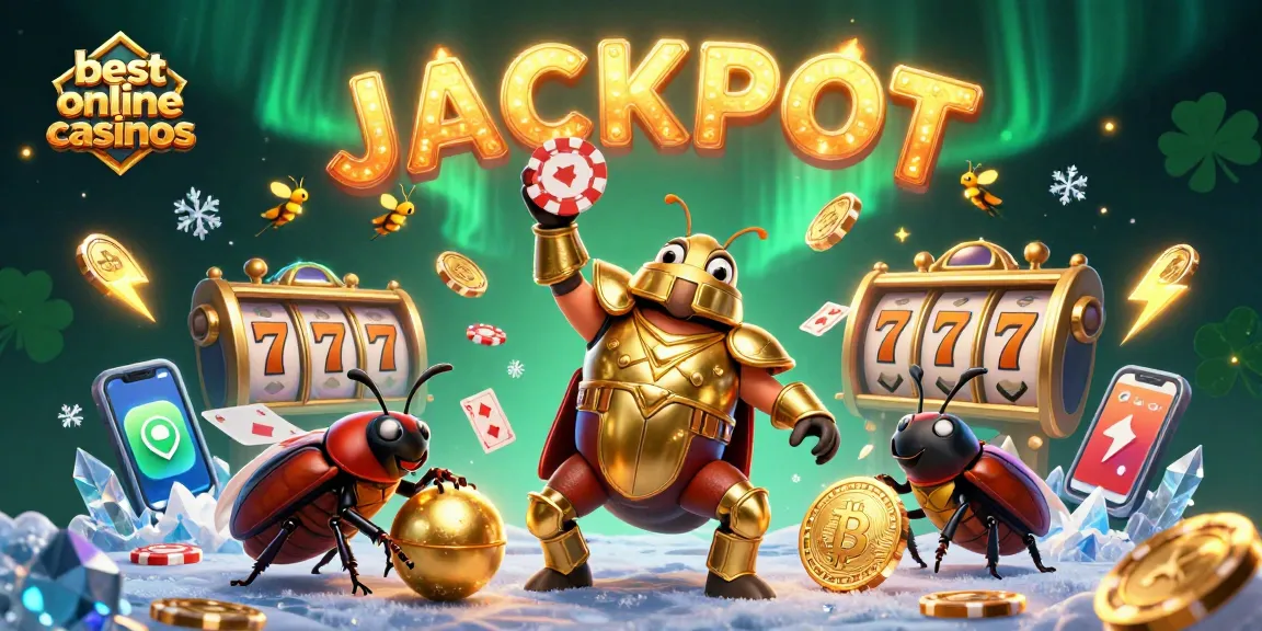 Celebrating at the best online casinos while winning big, featuring lucky charms and vibrant gaming elements.