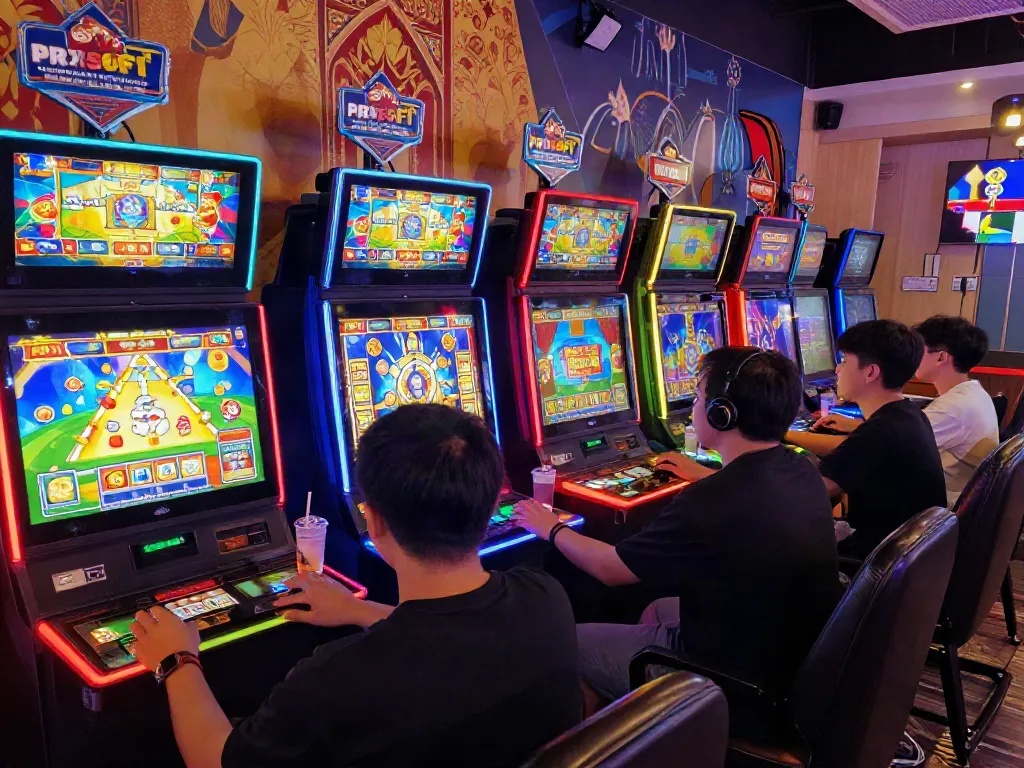 Players enjoying vibrant slot games on gaming machines powered by slot server thailand in a lively lounge.