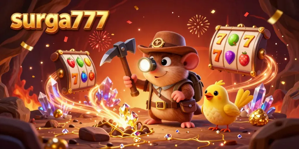 Experience the thrill of winning at surga777 with this vibrant 3D illustration of a treasure hunter mole mining riches.