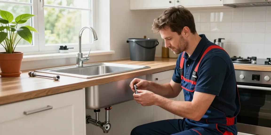 Plumber in Milton Keynes fixing a leaky kitchen sink with professional tools in a well-lit home.