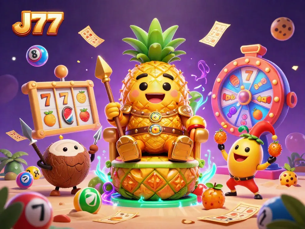 Experience thrilling fun at J77 with a vibrant beach casino scene featuring unique characters and lively gaming elements.