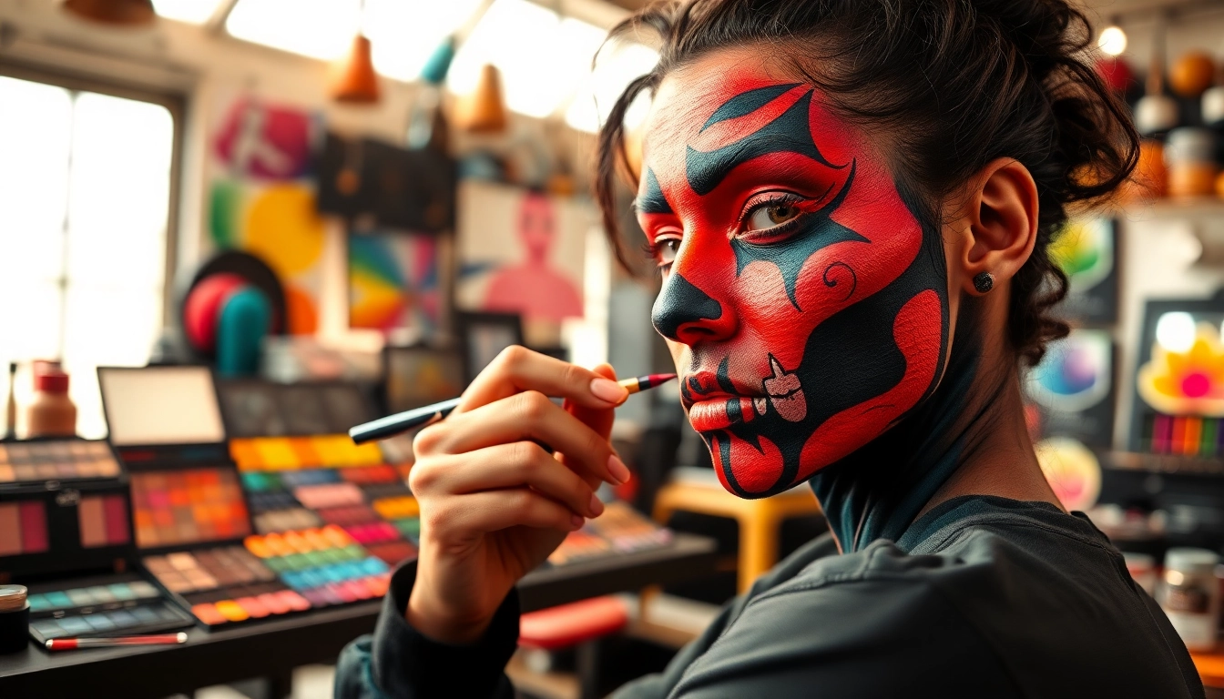 Creative special effects makeup Dallas TX artist applying vibrant designs in a bright studio.