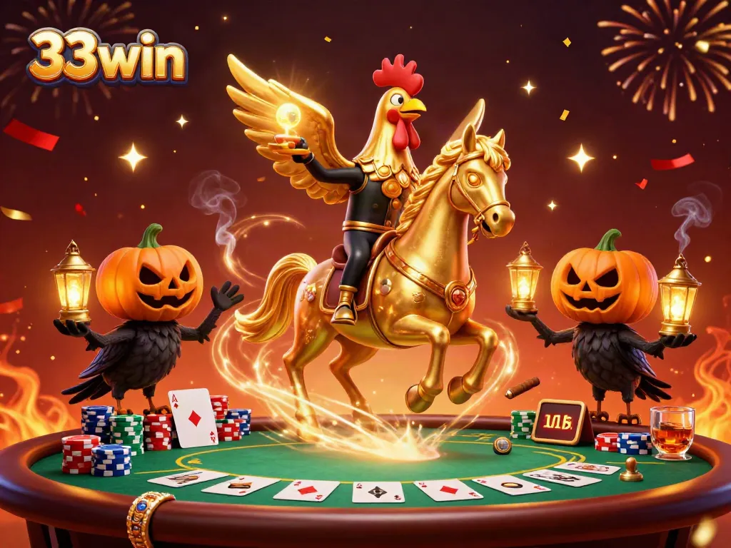 Experience the excitement of 33win with vibrant casino games illustrated in a dynamic 3D scene.
