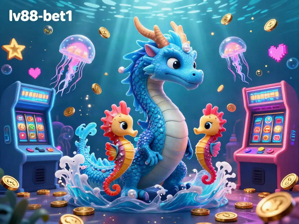 Engage with lv88-bet1’s vibrant casino adventure featuring a majestic water dragon among slot machines and gold coins.