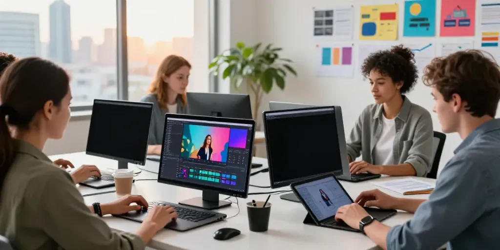 Creative team using an affordable AI promotional video generator in a modern marketing studio.