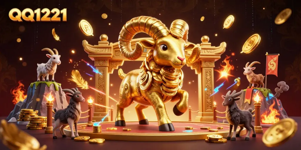 Experience thrilling gameplay with QQ1221 as golden ram charges through a vibrant casino scene.