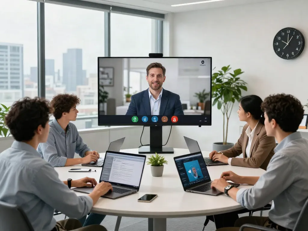 Professionals engaged in a secure deepfake protected Conferencing session in a modern corporate setting.