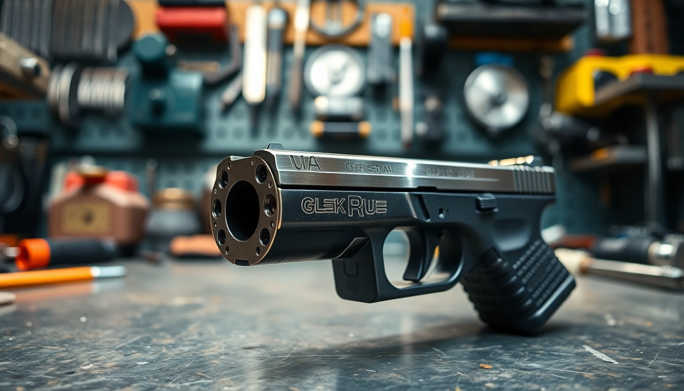 Showcasing a glock 19 slide with intricate design details in a professional workshop setting.