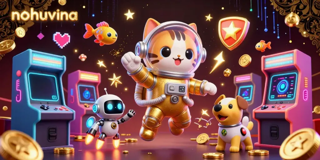 Nohuvina showcases vibrant casino themes with a cartoon astronaut cat and robot dog among glowing game machines.