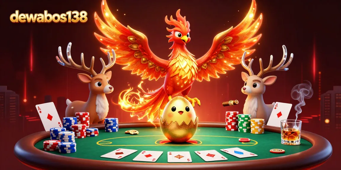 Engage with the exciting world of gambling at dewabos138, featuring a vibrant phoenix scene filled with poker elements.