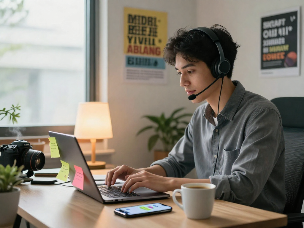 Engaging professional using spicy chat AI on a laptop with vibrant workspace.