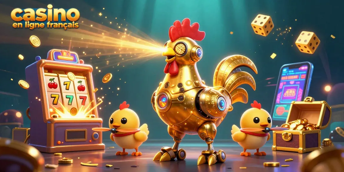 Plongez dans le monde du casino en ligne français avec cette illustration dynamique de machines à sous et des personnages captivants.