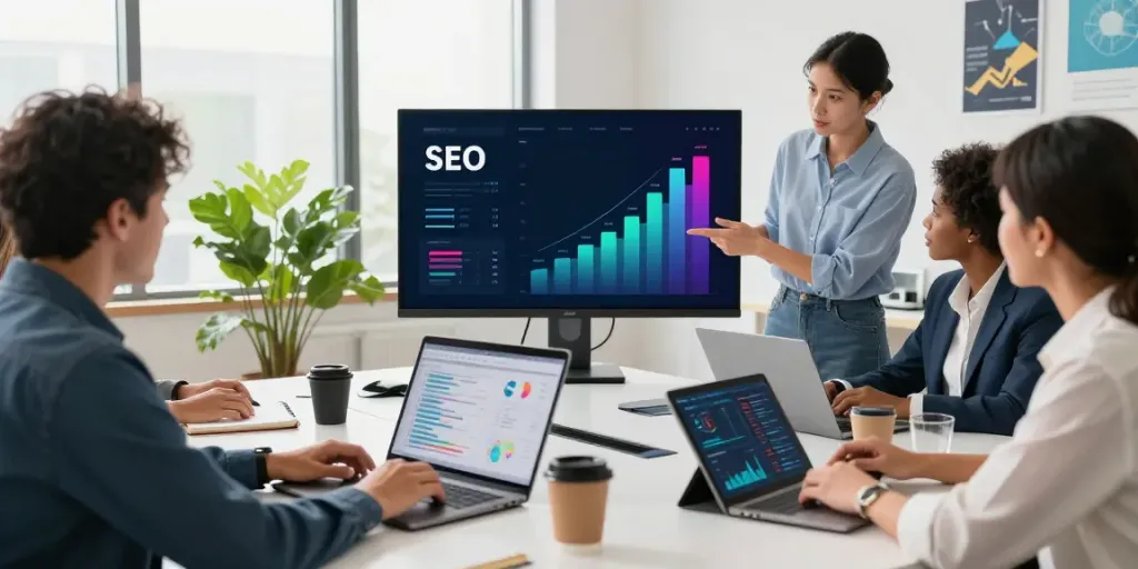 Team collaborating in a digital marketing strategy session focused on hoger in Google SEO growth.