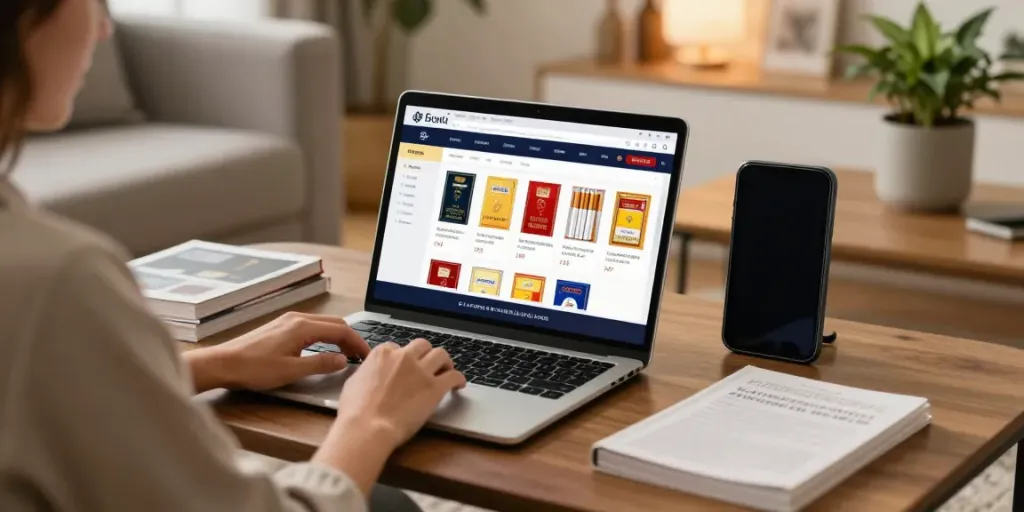 Browse cheap tobacco online Australia effortlessly with popular brands displayed on a laptop.