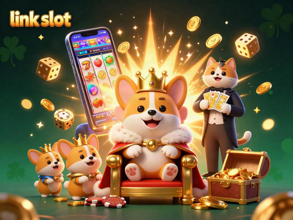 Win big with link slot as cheerful corgis celebrate at a vibrant casino scene.