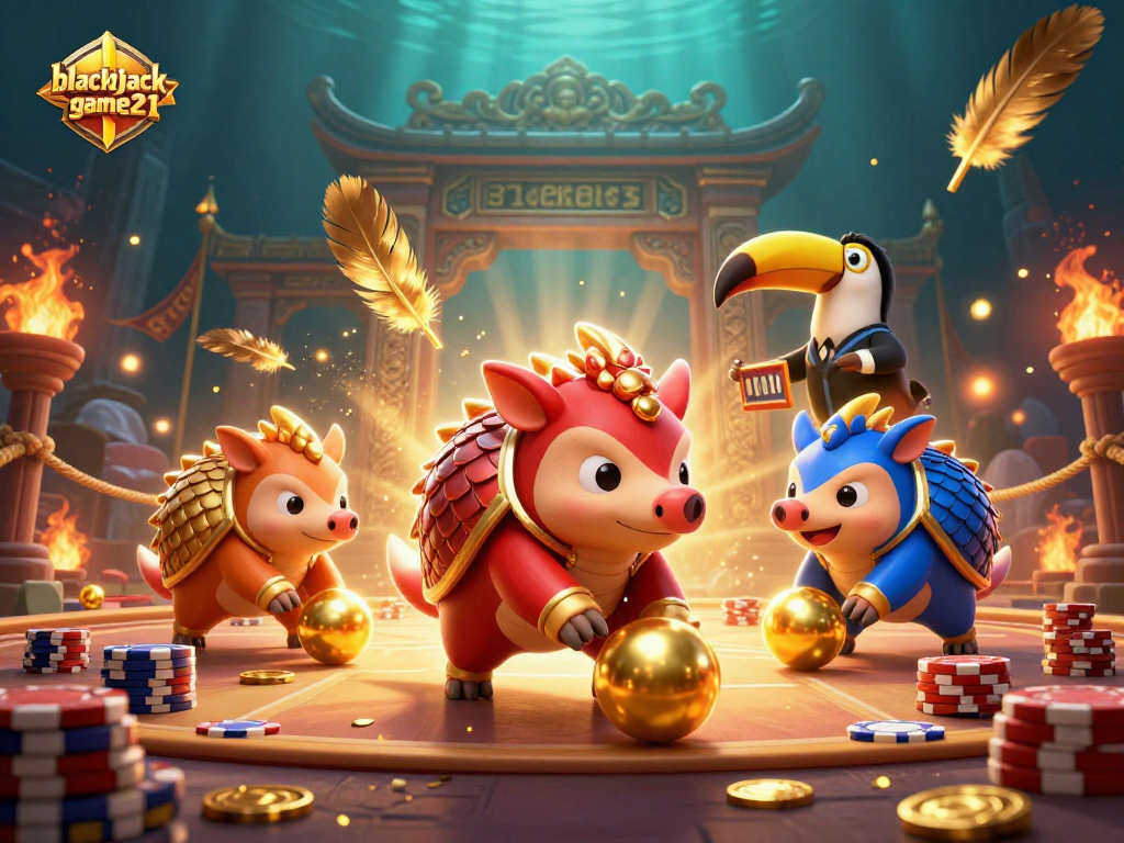 Engage in thrilling blackjack gameplay at blackjack-game21 with epic pangolin rivals rolling through poker chip stacks!
