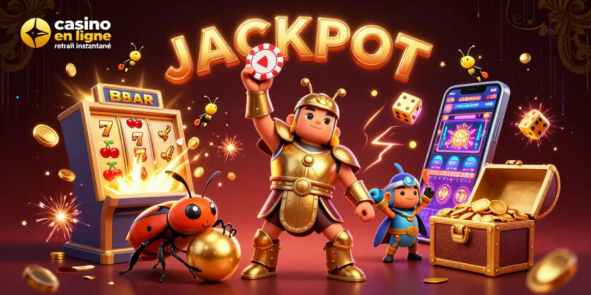 Casino en ligne retrait instantané : une illustration festive avec un scarabée héros et des éléments de jeu.