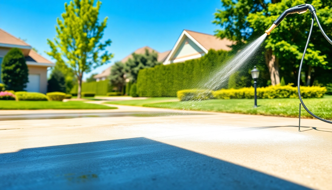 Driveway cleaning in action, showcasing a sparkling driveway being pressure washed.
