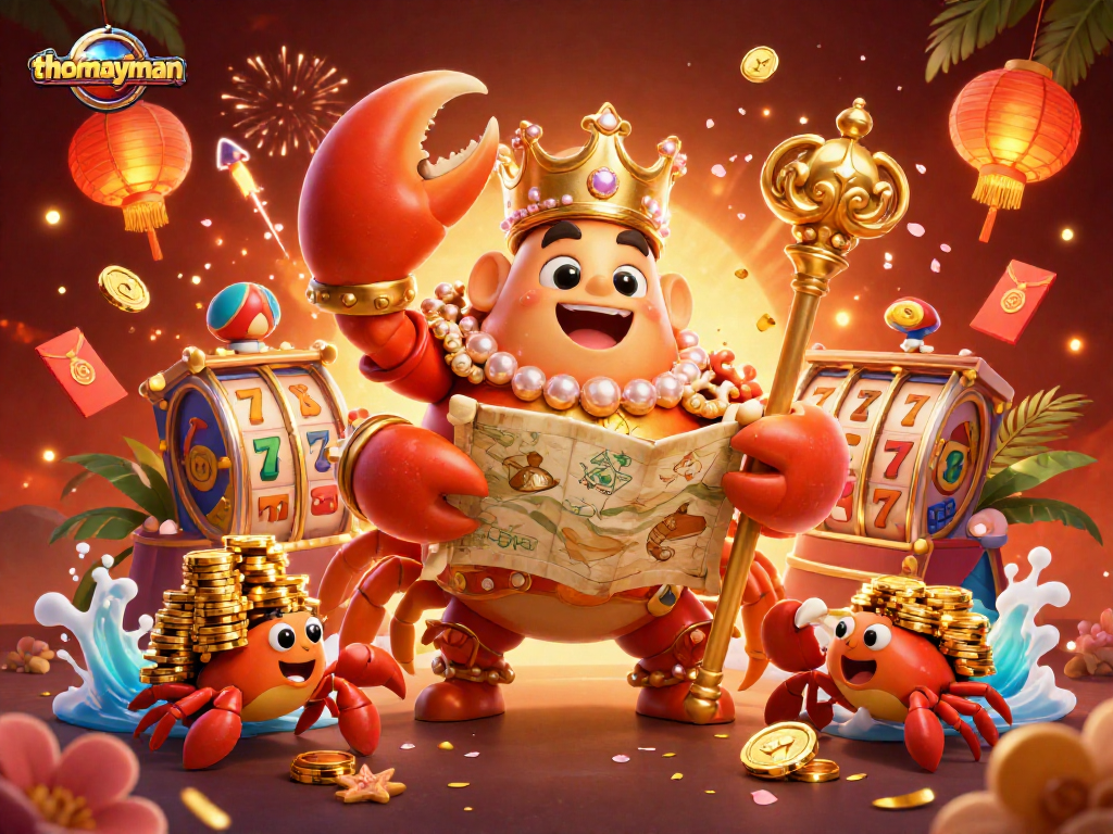 Experience thomayman with vibrant gameplay featuring a golden crab emperor, slot reels, and festive decorations.