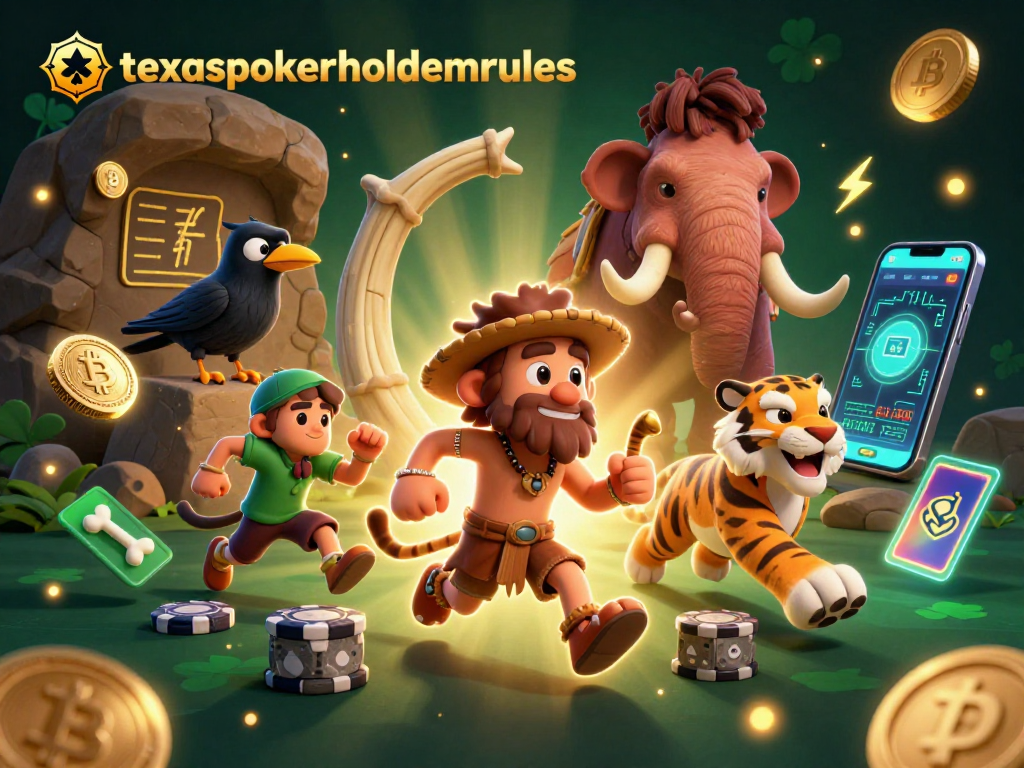 Experience texaspokerholdemrules at a lively prehistoric casino with a captivating caveman and sabertooth duo.