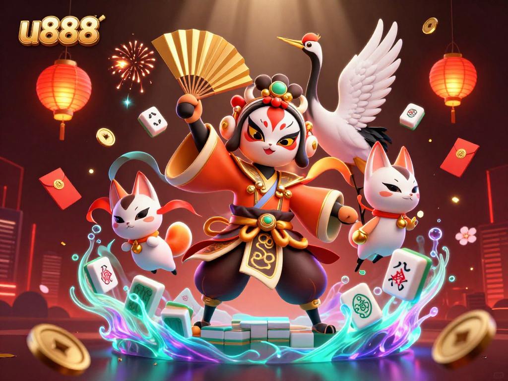 Immerse in U888's lively gaming scene with kabuki warriors and vibrant casino elements.