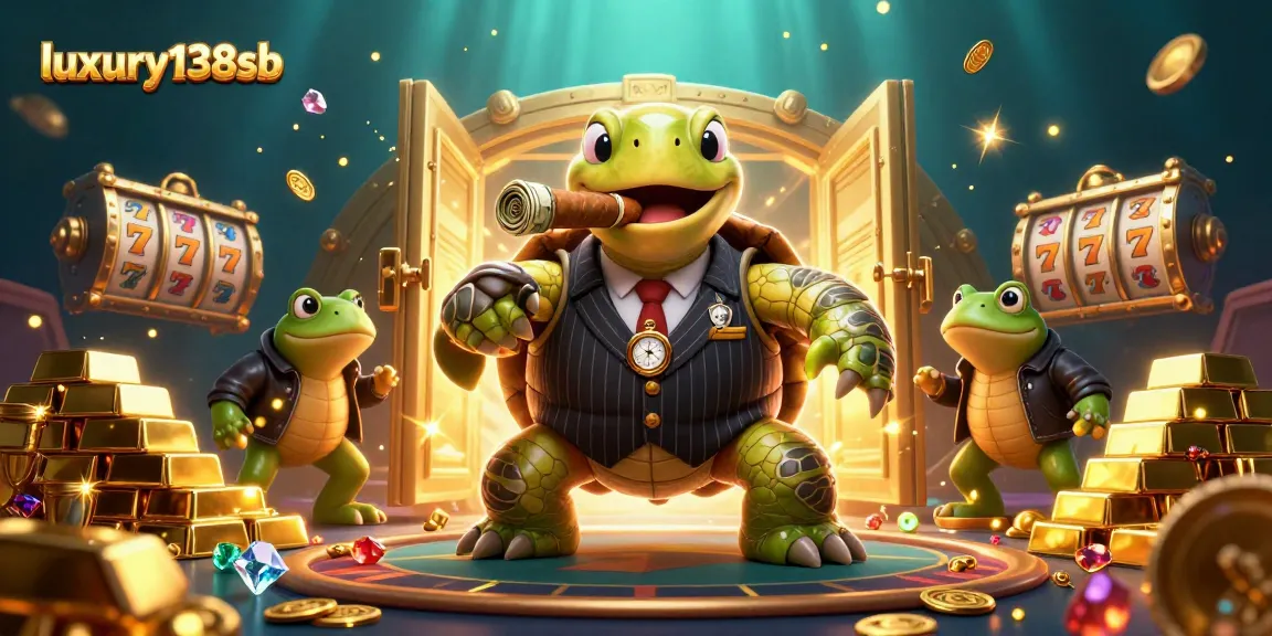 Play slots with luxury138sb featuring a 3D cartoon turtle in a casino full of gems and treasure.